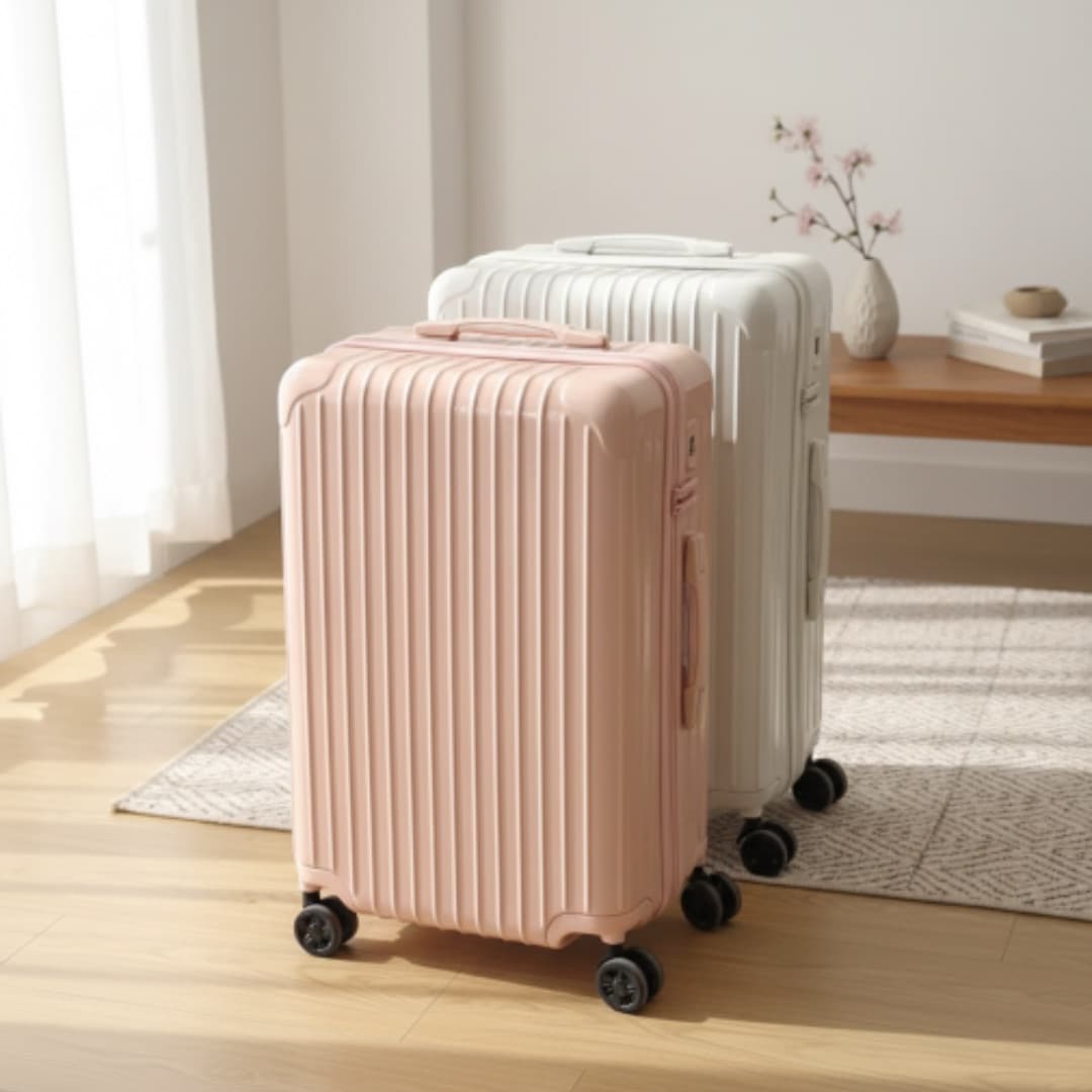 【旅を彩る】淡色リブデザイン スーツケース S/M/Lサイズ くすみピンク/オフホワイト