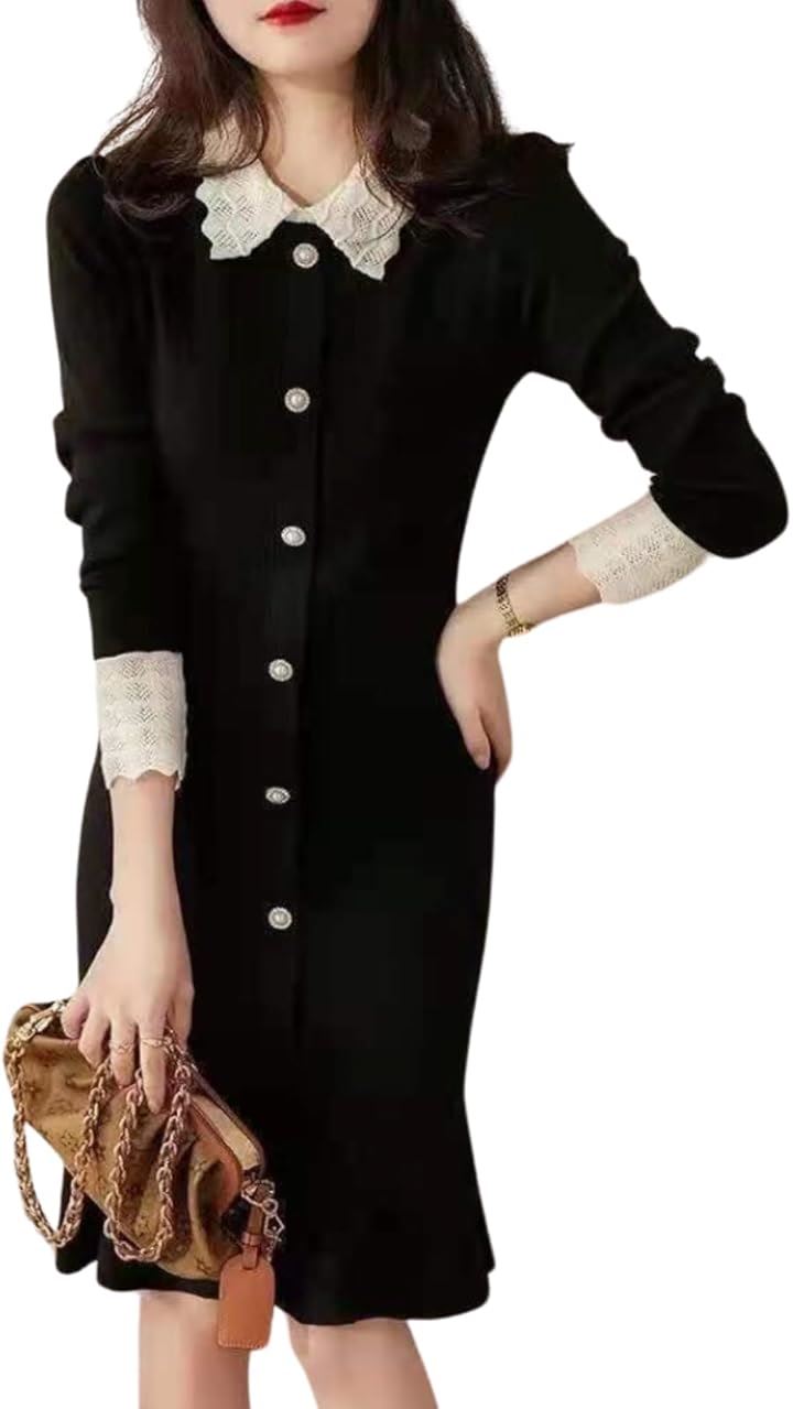 ニット ワンピース レース ドッキング レディース 通勤 フェミニン オフィス エレガント フォーマル 膝丈 ニットワンピ 黒 BK( ブラック, L)その他 ワンピース・ドレス