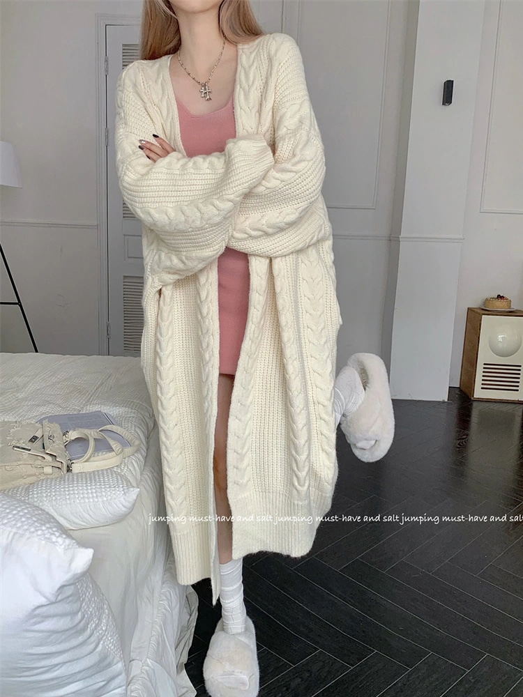 グレーツイストニットカーディガン女性秋の新しいルーズ薄いミディアムレングスソフトジャンパーコート