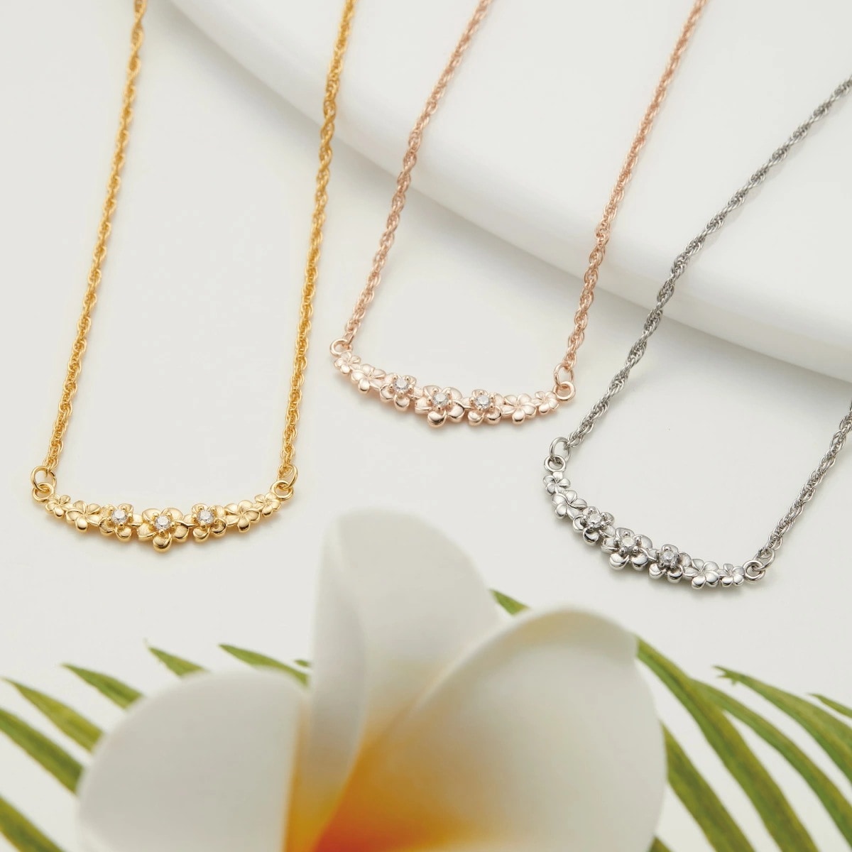 ネックレス レディース サージカルステンレス316L キュービックジルコニア ハワジュ プルメリア