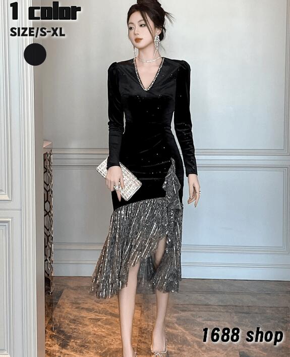 【毎日厳選 】 2025 タイトワンピース 姫系ワンピース　シンプル　ワンピース インポート ひざ丈 ミドル丈 エレガント　韓国ファッション シンプル Vネック パーティドレス 長袖　お嬢様 セクシー