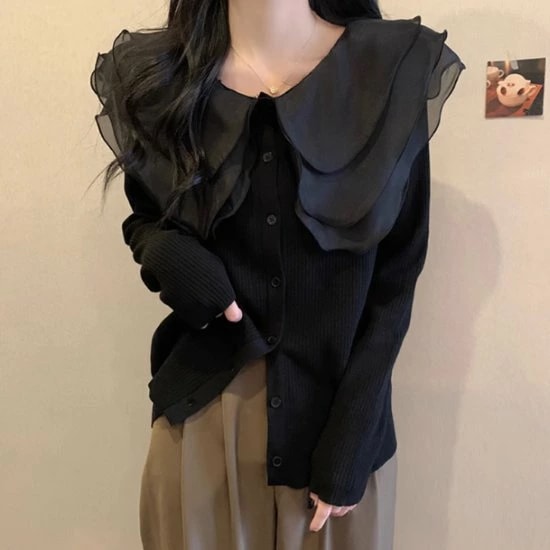 長袖ニットトップス レディース ニット トップス フロントボタン オーガンジー 襟あり リブニット 異素材ミックス フリル コットン 綿 個性的 ガーリー カジュアル お出かけ おしゃれ きれいめ