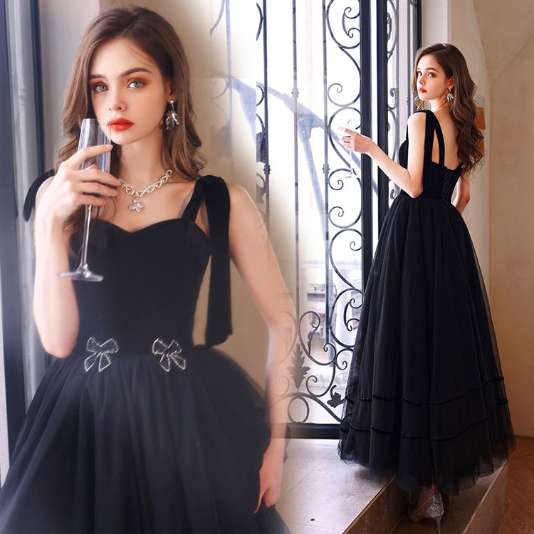 イブニングドレス 黒 ベロア ベルベット キャミドレス リボン オシャレ 発表会ドレス ロングドレス ブラックVネック セクシー チュール ドッキング パーティードレス Aライン