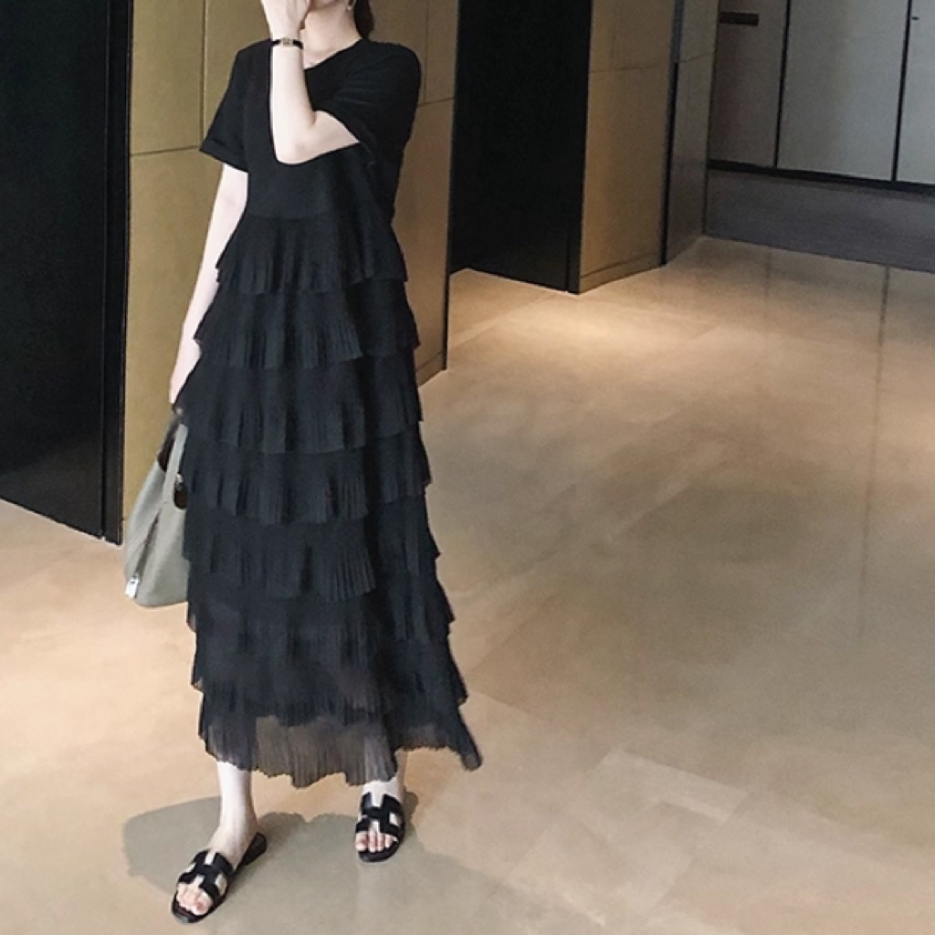 レディース ワンピース プルオーバー ティアード ロング 5分袖 ラウンドネック Iライン フェミニン 透け感 切り替えデザイン かわいい 大人可愛い きれいめ 上品 おしゃれ こなれ感 ガーリー