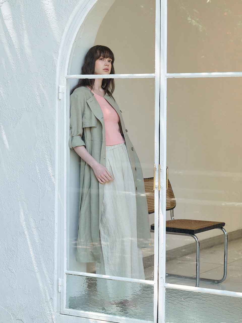 ホットサマーリネンブレンディングハイウエストトレンチドレス_EUCALYPTUSカーキベージュ