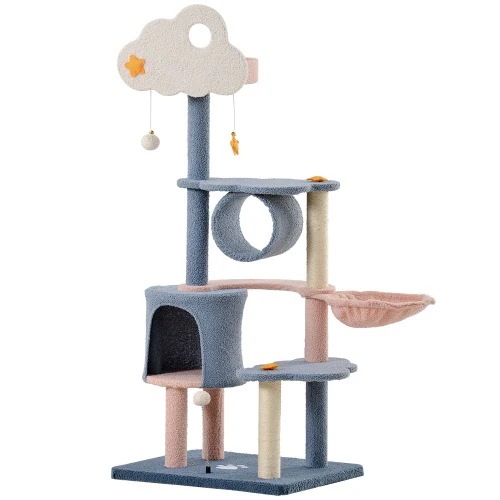 キャットタワー 猫タワー 据え置き型 多機能 ポンポン 多頭飼い 雲 隠れ家 ハンモック 爪とぎポール 運動不足解消 省スペース おしゃれ (ブルー+ピンク