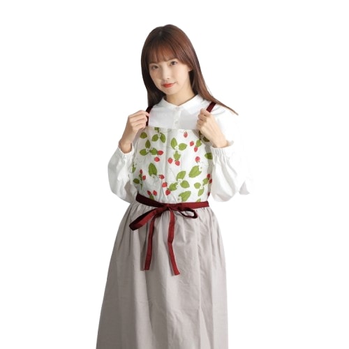 山野草 野菜花 ハーブ をモチーフしたドレスエプロン いちご柄 D-0002 リネン素材 肩紐落ちない ギャザー入りで動きやすい 着たまま外出可能 刺繍エンブレム 140cm-160cm