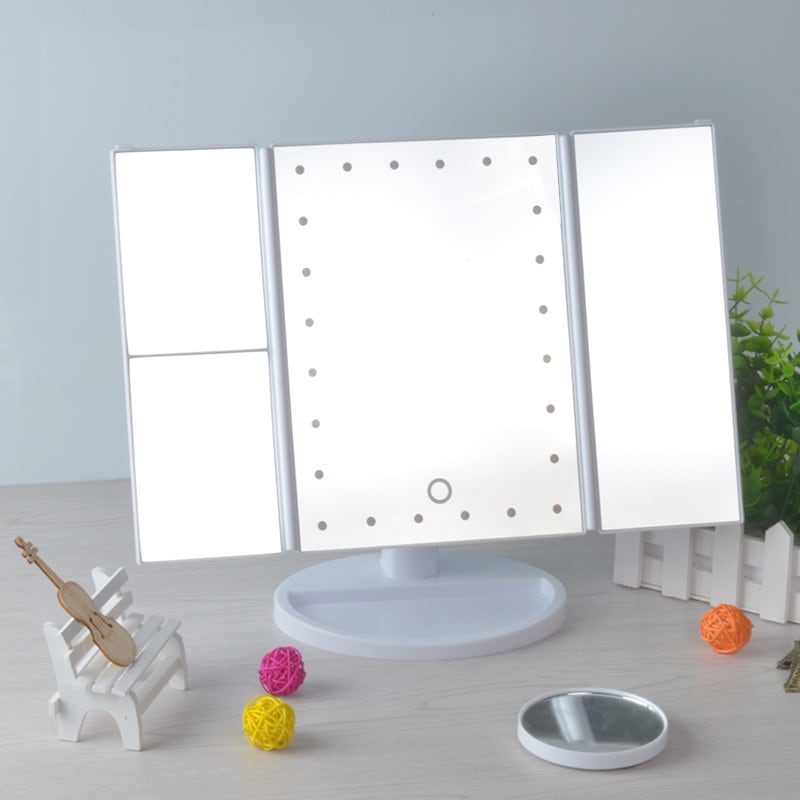 【PSE認証】寝室寮ドレッサーledミュラーデスクトップ三面折りたたみミラー付きアルミフレームledデスクトップ化粧ミラー