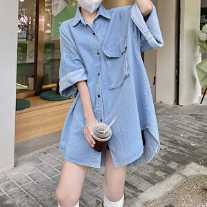 韓国 ファッション レディース デニムシャツ　7分袖シャツ トップスNC038