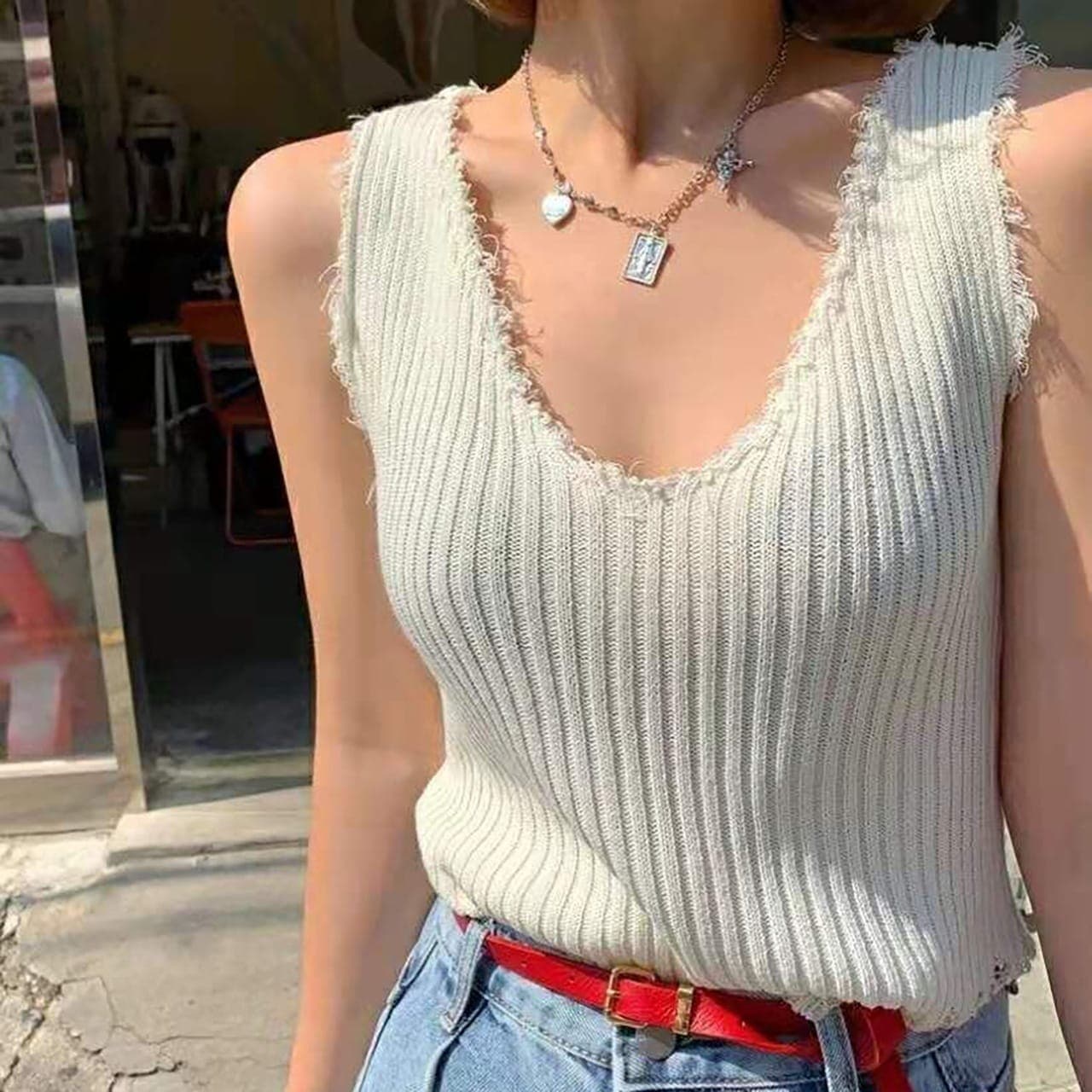 リブタンクトップ トップス Tシャツ 袖なし ノースリーブ Uネック リブ かわいい 大人可愛い シンプル カジュアル 大人 おしゃれ お洒落 大人可愛い 大人女子 ラブリー キュート ガーリー