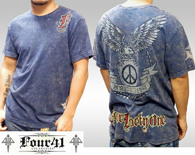 Four41 Los Angeles フォーフォーティーワン メンズ ラインストーン Tシャツ イーグル ピースエンブレム ネイビー M-12 スワロフスキー インポート セレブ ブランド ストリート