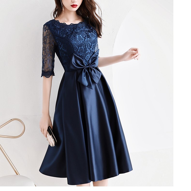 ワンピース フレアワンピース 膝下 ミモレ ミモレ丈 袖あり 5分袖 五分袖 ラウンドネック 襟なし セミフレア レース かわいい 大人可愛い きれいめ 大人 上品 おしゃれ お洒落 大人可愛い