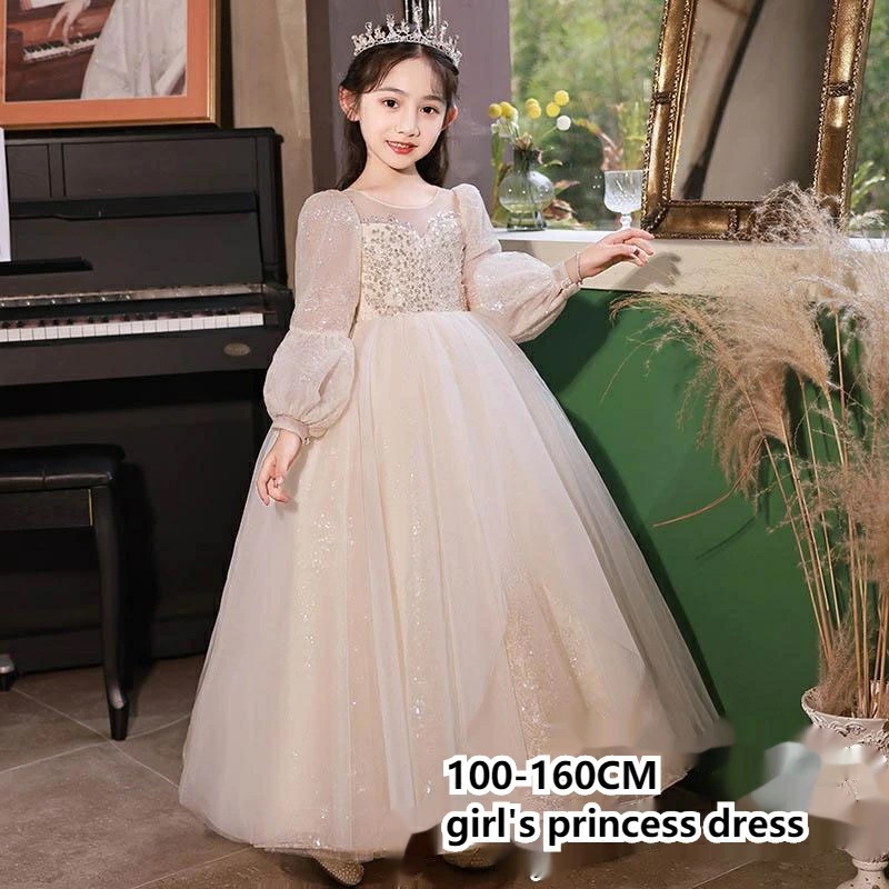 子供ドレス 女の子 ピアノ 発表会 ロングドレス 長袖 キッズ ワンピース お姫様 プリンセスドレス 子供 ドレス フォーマル 子ども　結婚式 七五三 ジュニア レースドレス ワンピース c-lifu
