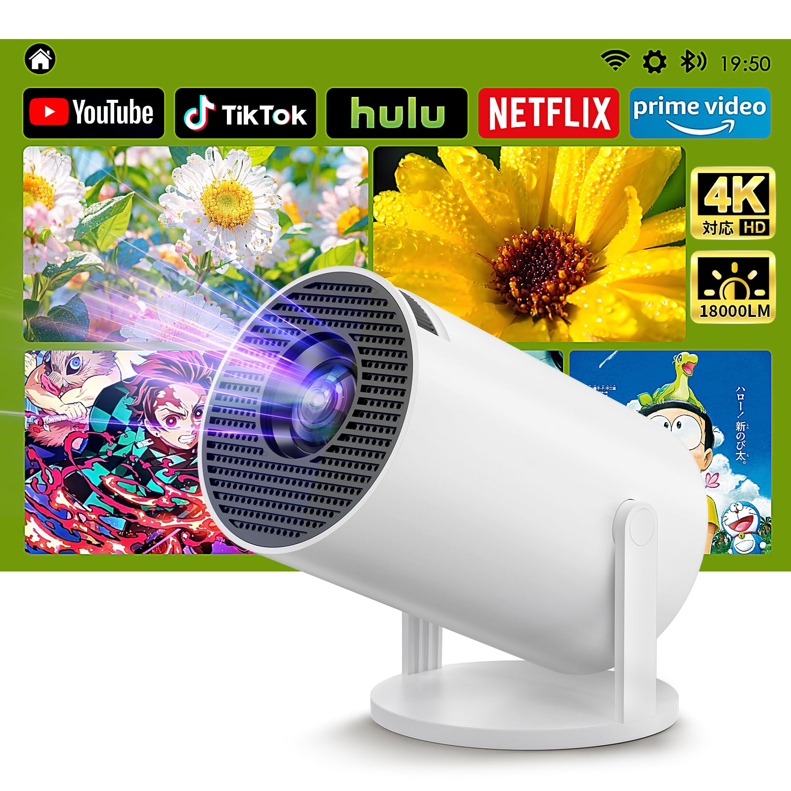 プロジェクター 小型【2025 Android TV搭載・18000LM・4K対応・270回転】 静音 1080P 高輝度 50％ズーム機能 天井投影 5GWIFI Bluetooth5.4 pro
