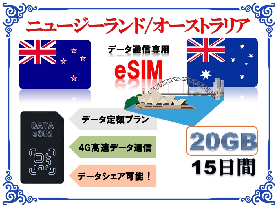 オーストラリア・ニュージーランドeSIM 海外eSIM SIMカード データ容量20GB 4G/LTE データ通信のみ可能 プリペイドeSIM オーストラリア・ニュージーランド旅行