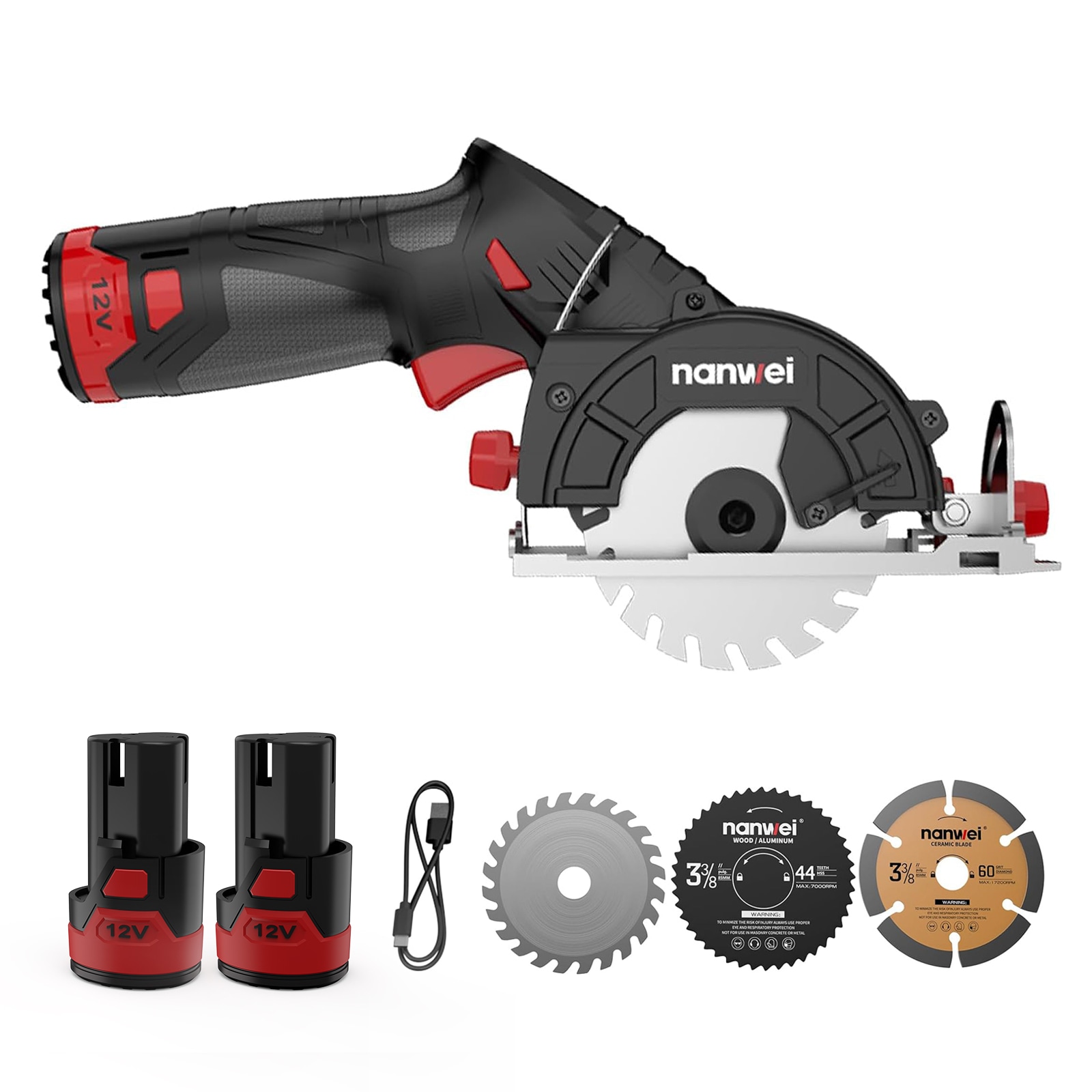 12V 電動丸ノコ 丸ノコ充電式 小型丸ノコ 2.0Ahバッテリー2個 USB充電 コードレス 刃径85mm 石材/木材/金属の切断