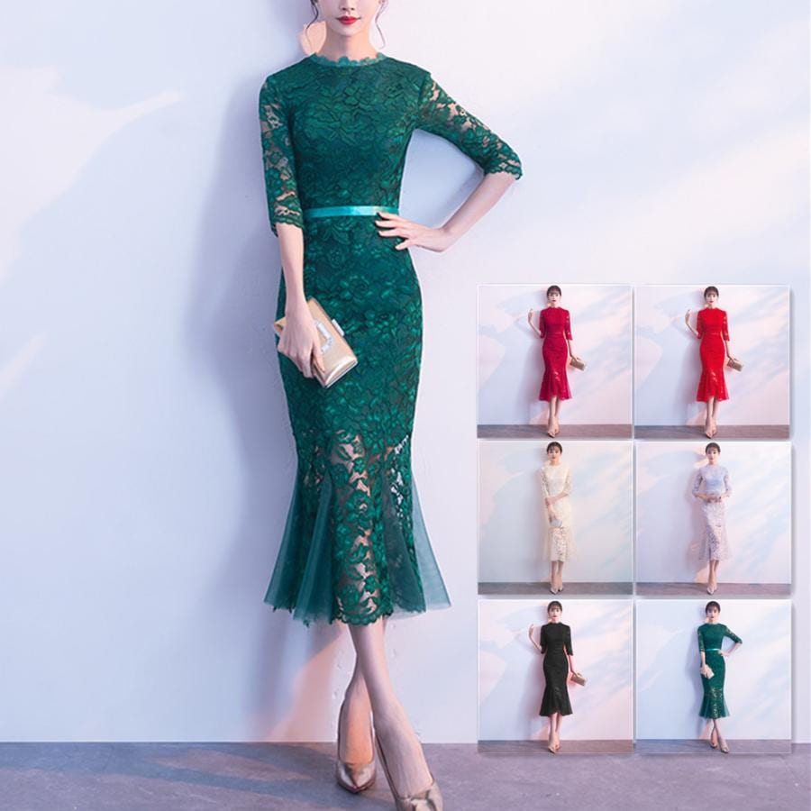 結婚式 パーティー ワンピース 袖あり マーメイドシルエット レース フリル シアー ミモレ丈 レディース ワンピ ドレス 五分袖 二次会 フォーマル セレモニー グ