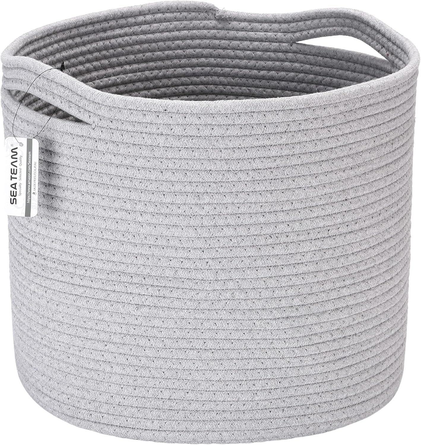 コットンロープ製 円形収納バスケット ハンドル付き ダークグレー 38x38x33cm