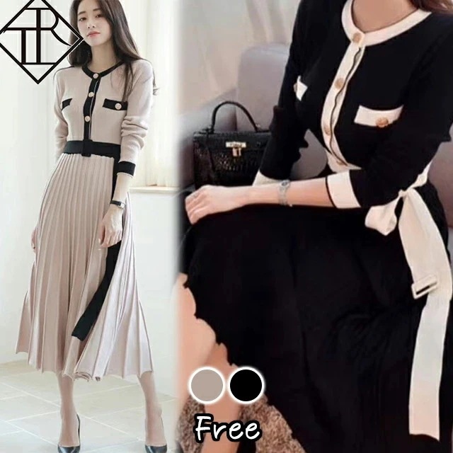 【即納】ワンピース レディース ニットワンピース 秋冬 ロングワンピース 長袖 秋 ニット ワンピース 大きいサイズ 大人可愛い 可愛い お洒落 普段使い プリーツ 上品 ツートンカラー 美脚効果 足