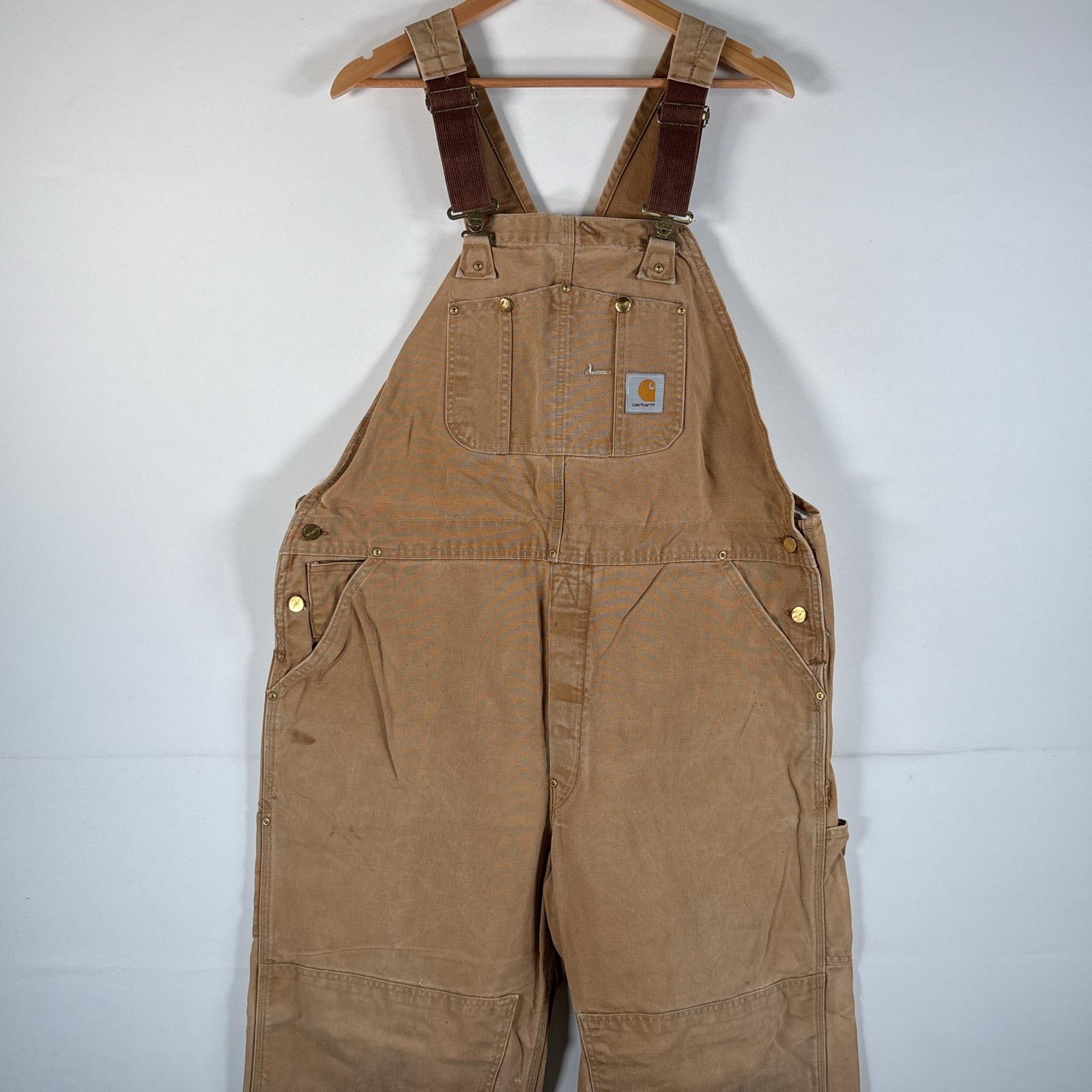 古着 オーバーオール ダック ワーク ワンポイントロゴ サイドポケット ダブルニー 大きいサイズ w44 L32 キャメル メンズ 8,316円