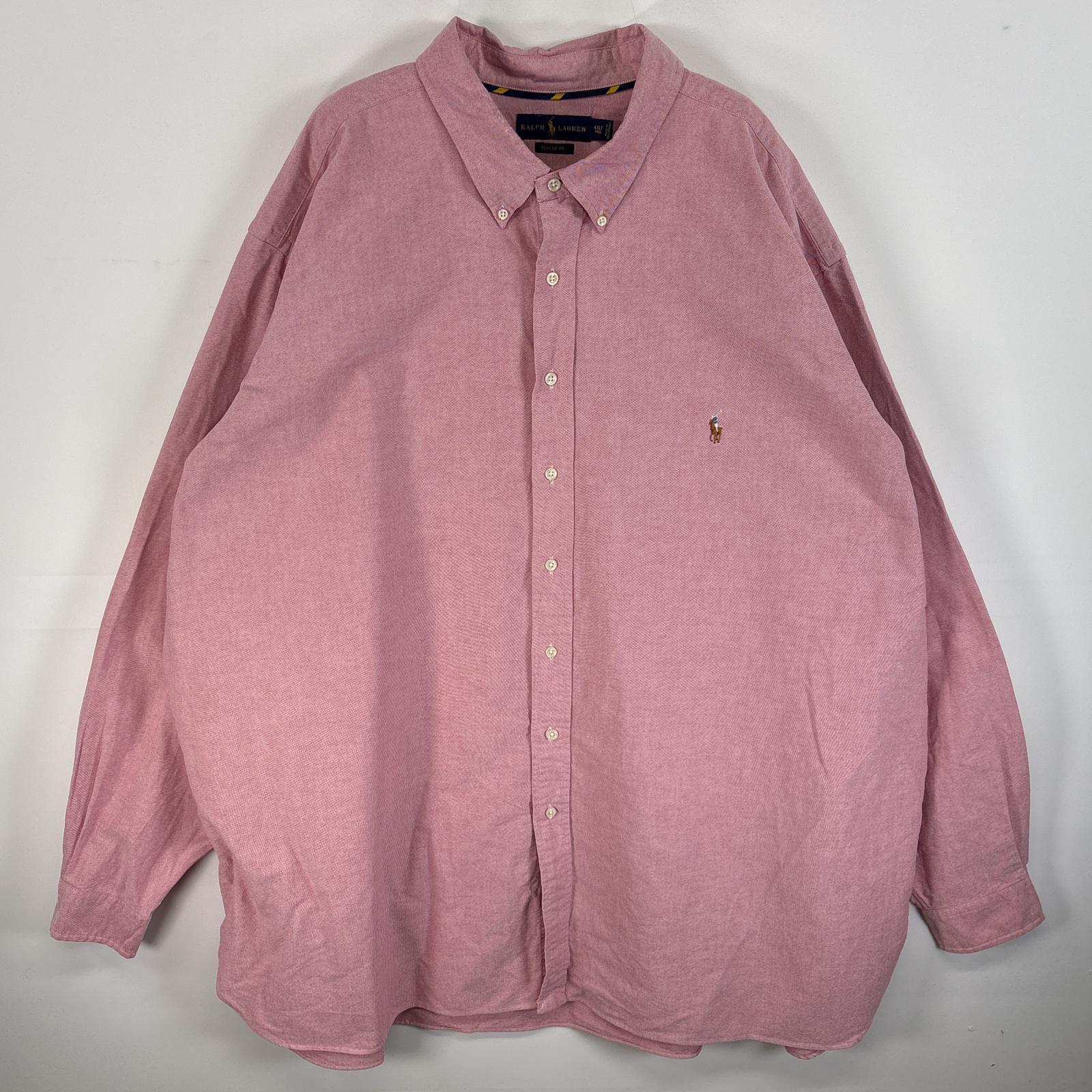 古着 長袖シャツ ボタンダウンシャツ ロゴ 刺繍 オックスフォードシャツ 4XLT ピンク 無地 メンズ