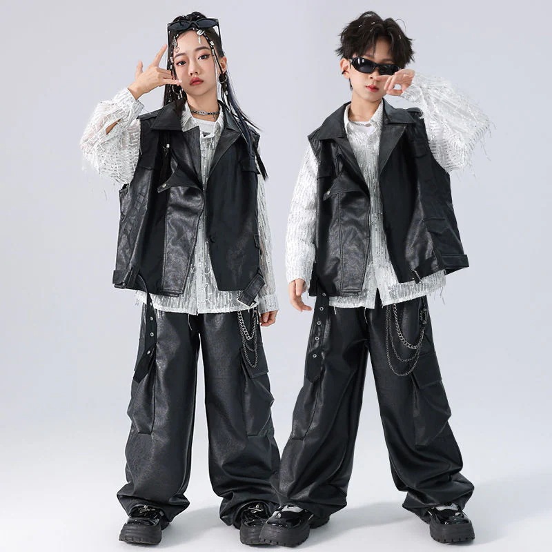 【ファッション活力要素】ストリートダンス子供ファッション服男の子hiphopヒップホップセット女の子ジャズ舞台ショー革服ジャケット演出服