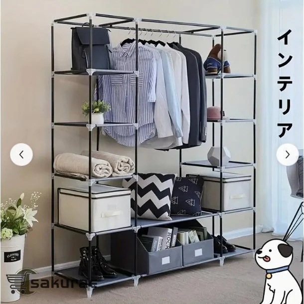 [新品/初回販売促進]ポータブル防塵ワードローブ134.87*44.96*171.96cm耐久性のあるスチールフレーム付きマルチレイヤー収納機能折りたたみ式省スペース設計寝室・リビ