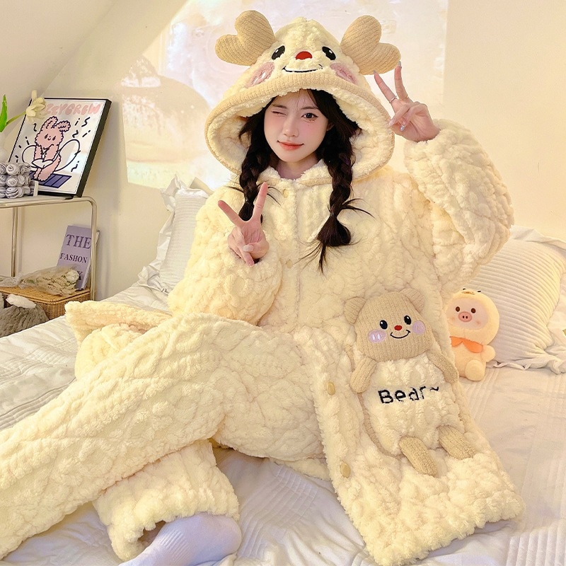 珊瑚絨毯三重綿パジャマ女性冬加絨毯厚手中長スリーパーバスローブ冬かわいい部屋着