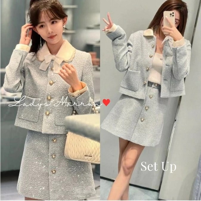 2点購入で200円割引期間限定オファー ツイード セットアップ 韓国 地雷系 水色 同窓会セットアップ 成人式セットアップ ツイードジャケット カーディガン スカート お嬢様 レディース フェミニン