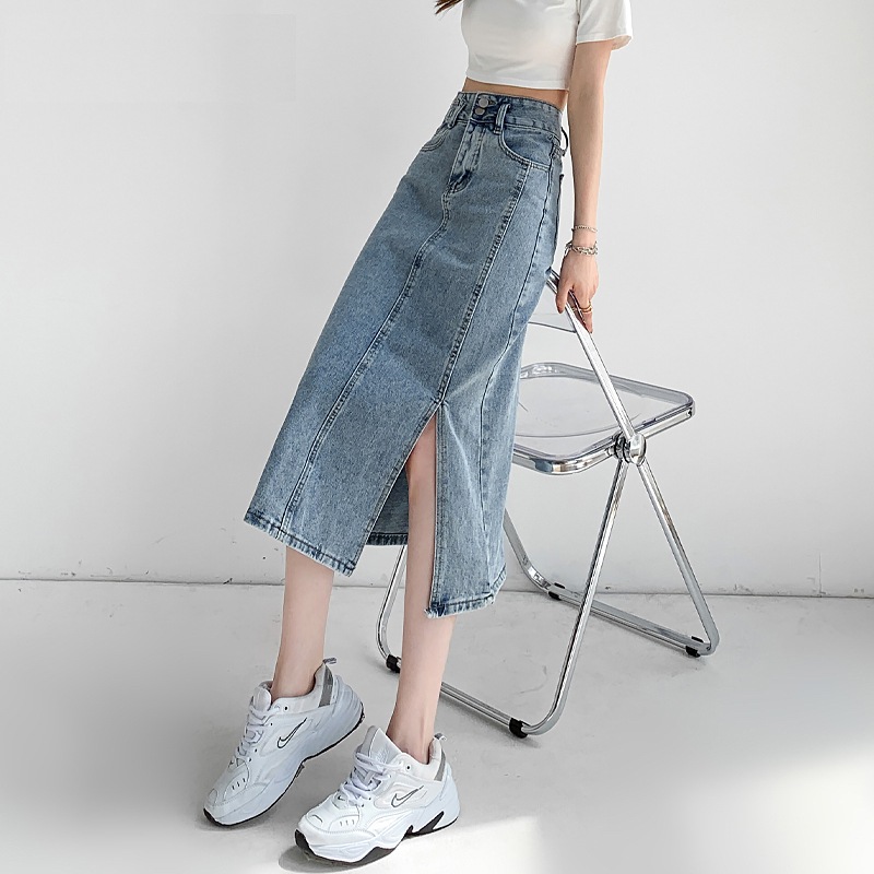 スカート レディース デニム きれいめ 個性的 春服 夏服 秋服 冬服 ひざ下 アンクル丈 襟付き サイドスリット SNS 映え 写真 映え モテ 流行 トレンド 高見え 格上げ 無地 ブルー S M 6,052円