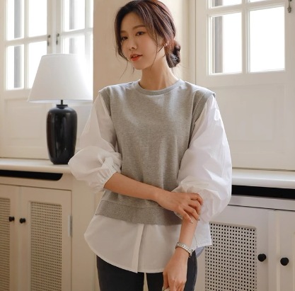トップス エレガント 大人可愛い 重ね着風 プルオーバー 白トップス 7分袖 ボリューム袖 ラウンドネック 切り替えデザイン ドッキング ニット 伸縮性 大人可愛い きれいめ シンプル カジュアル