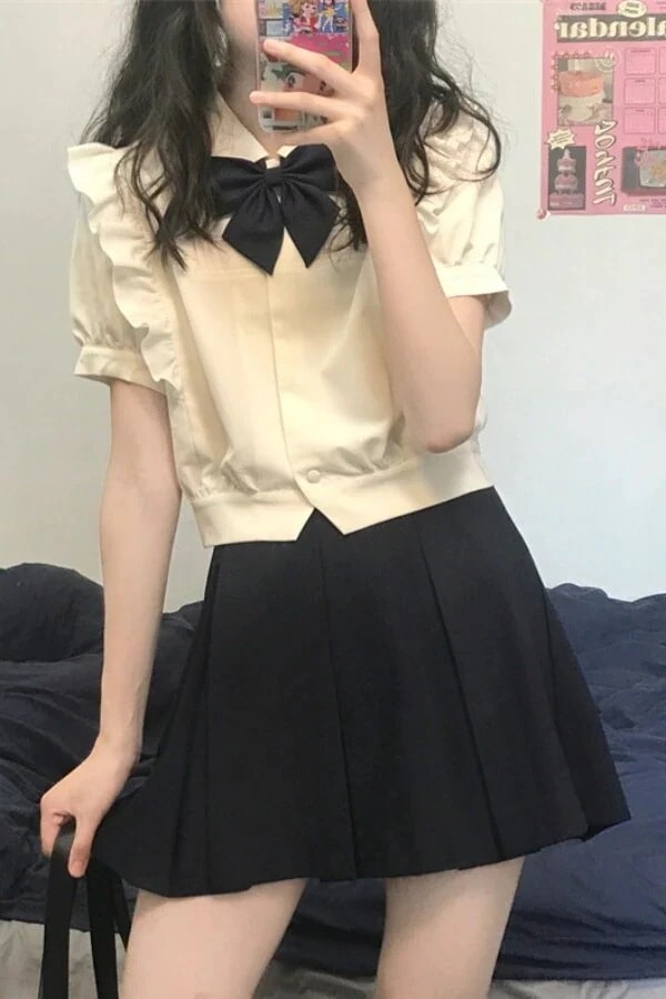 高級な質感 レイヤードトップスjk制服日系シャツかわいいレース半袖上着ベーシックショート丈シャツ女子学生