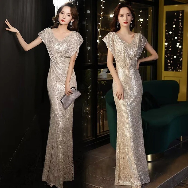 女性用ロングイブニングドレス 2024 エレガントバンケットホストスパンコールドレス安い