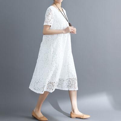 ワンピース ロング丈 カジュアル 半袖 おしゃれ レディース レース 可愛い ワンピ ドレス ミモレ丈 シンプル 大きいサイズ XL 2XL 3XL ホワイト 白 ブラック 黒 パープル ブルー オフ