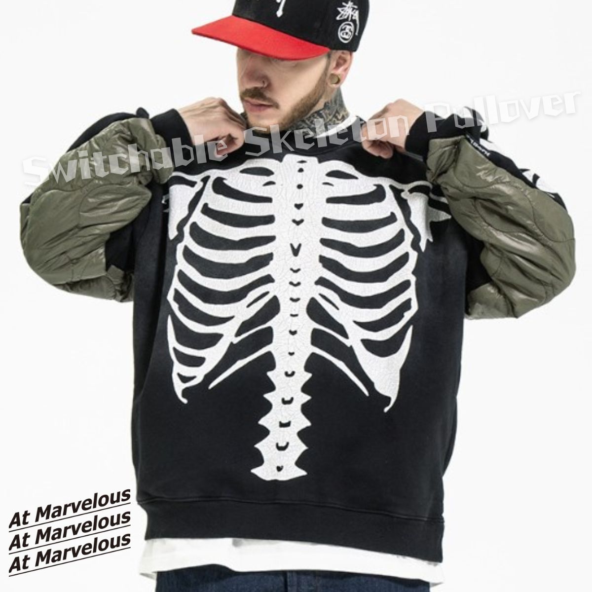 プルオーバー スウェット 裏起毛 起毛 トップス メンズ 長袖 切り替え 異素材 キルティング 中綿 プリント スカル スケルトン バンド Ｂ系 7,395円
