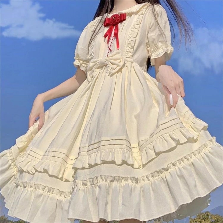 ロリータ ワンピース レディース 半袖 ワンピ フリル ボウタイ ひざ丈 森系 甘ロリ かわいい クラシック