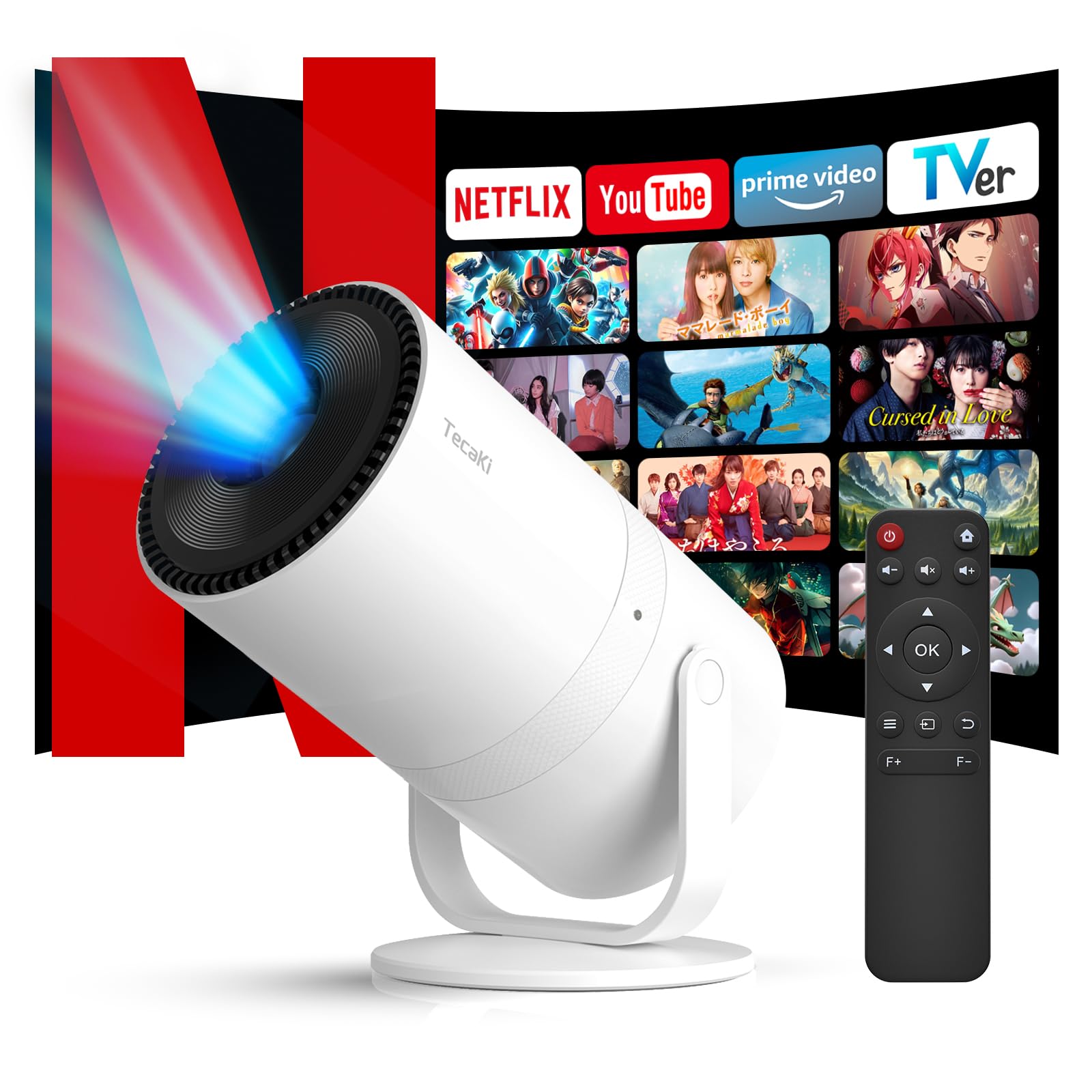 Tecaki プロジエクター 家庭用【Android TV搭載電動フォーカス自動台形270回転】 小型 1080P 天井投影 静音 4K対応 25000LM ホームプロジェクター Blueto
