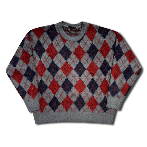 メンズ秋アーガイル柄ラウンドニット OF-KN-Q013-レッド
