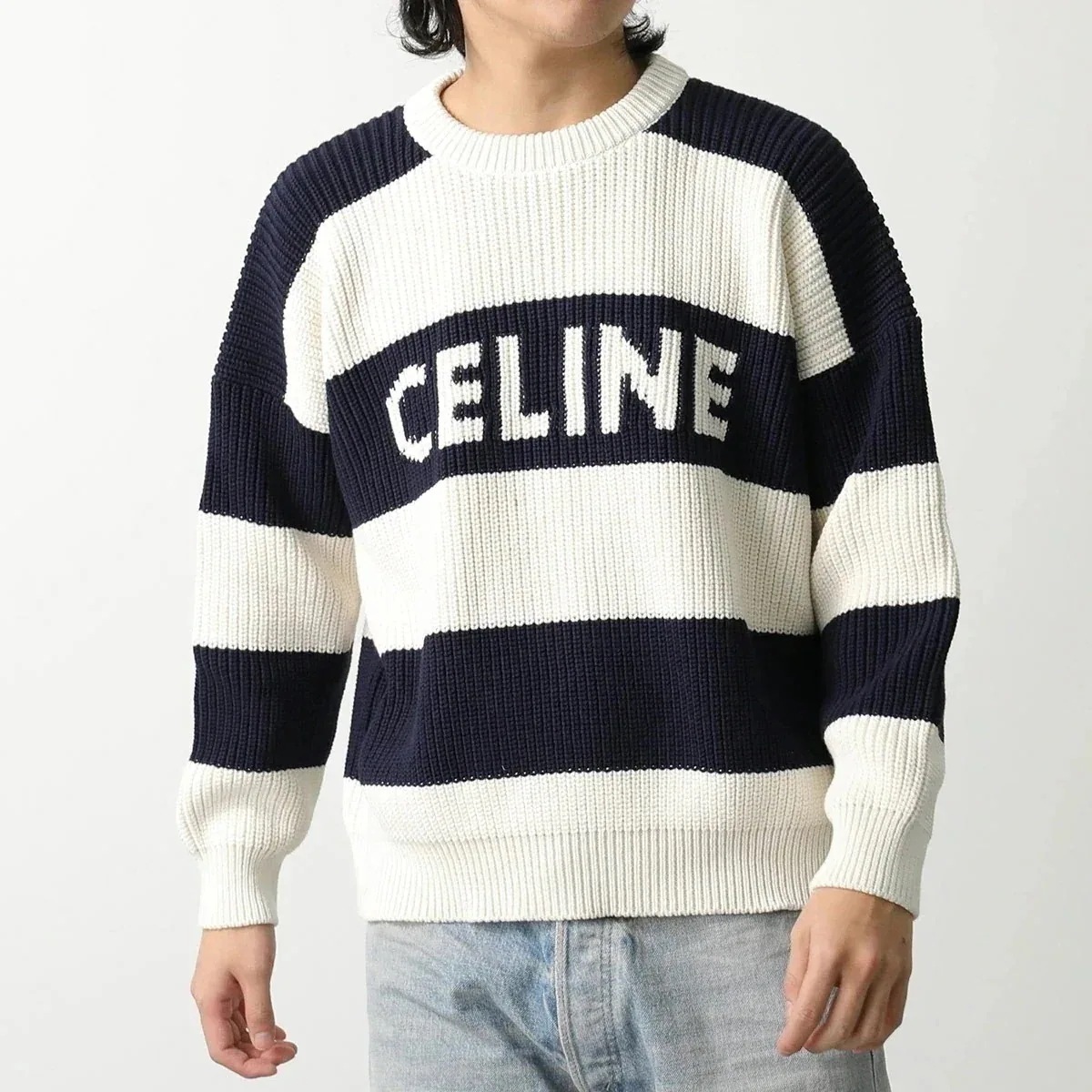 CELINE セリーヌ セーター 2ADCW481Y.01YV メンズ コットン ニット ボーダー ロゴ 長袖 オーバーサイズ クルーネック ホワイト×ネイビー