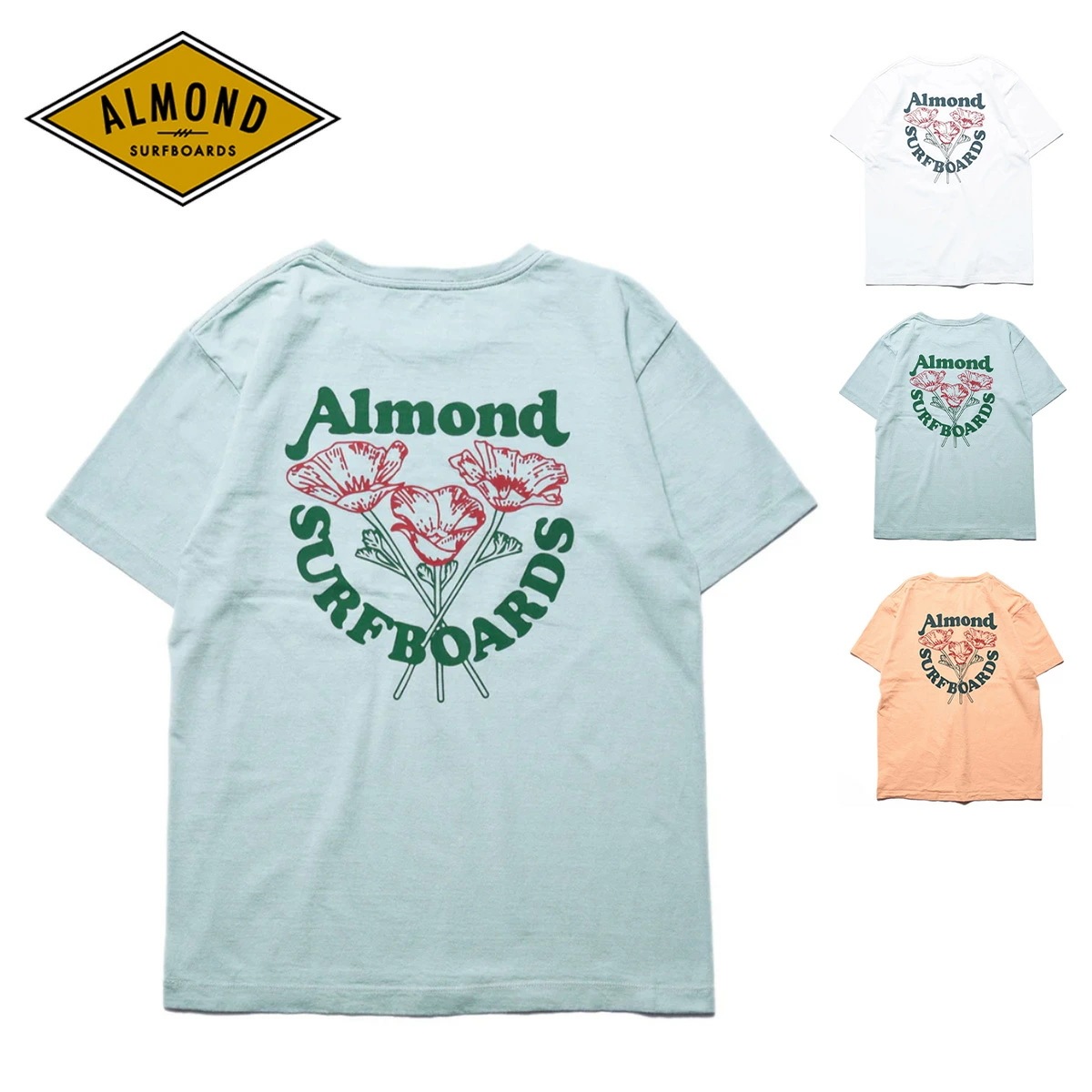 アーモンド サーフボード Tシャツ トップス Almond Surfboards POPPY POKET 半袖 花柄プリント ブランドロゴ 胸ポケット コットン 日本製 サーフィン サーファー