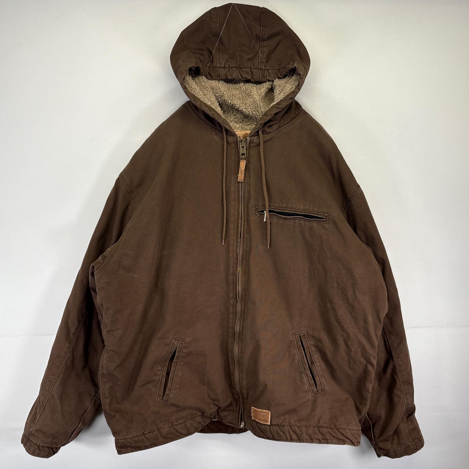 古着 SCHMIDT ダック ワークジャケット パーカー ボア フルジップ ワンポイントロゴ 2XLT ブラウン系 メンズ