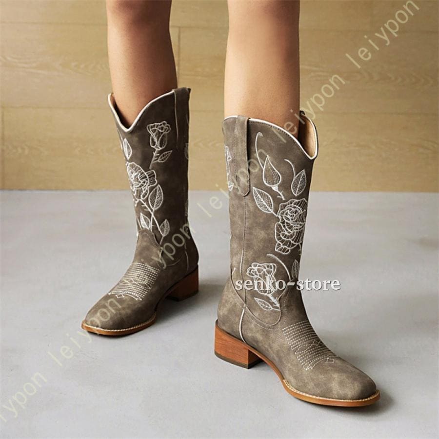 安心（迅速な出荷）ウエスタンブーツ ウエスタン カントリーダンス カウボーイ 刺繍 ロングブーツ 女性用 本革調 茶色 カーキ ブラウン ラウンドトゥ ジョッキーブーツ