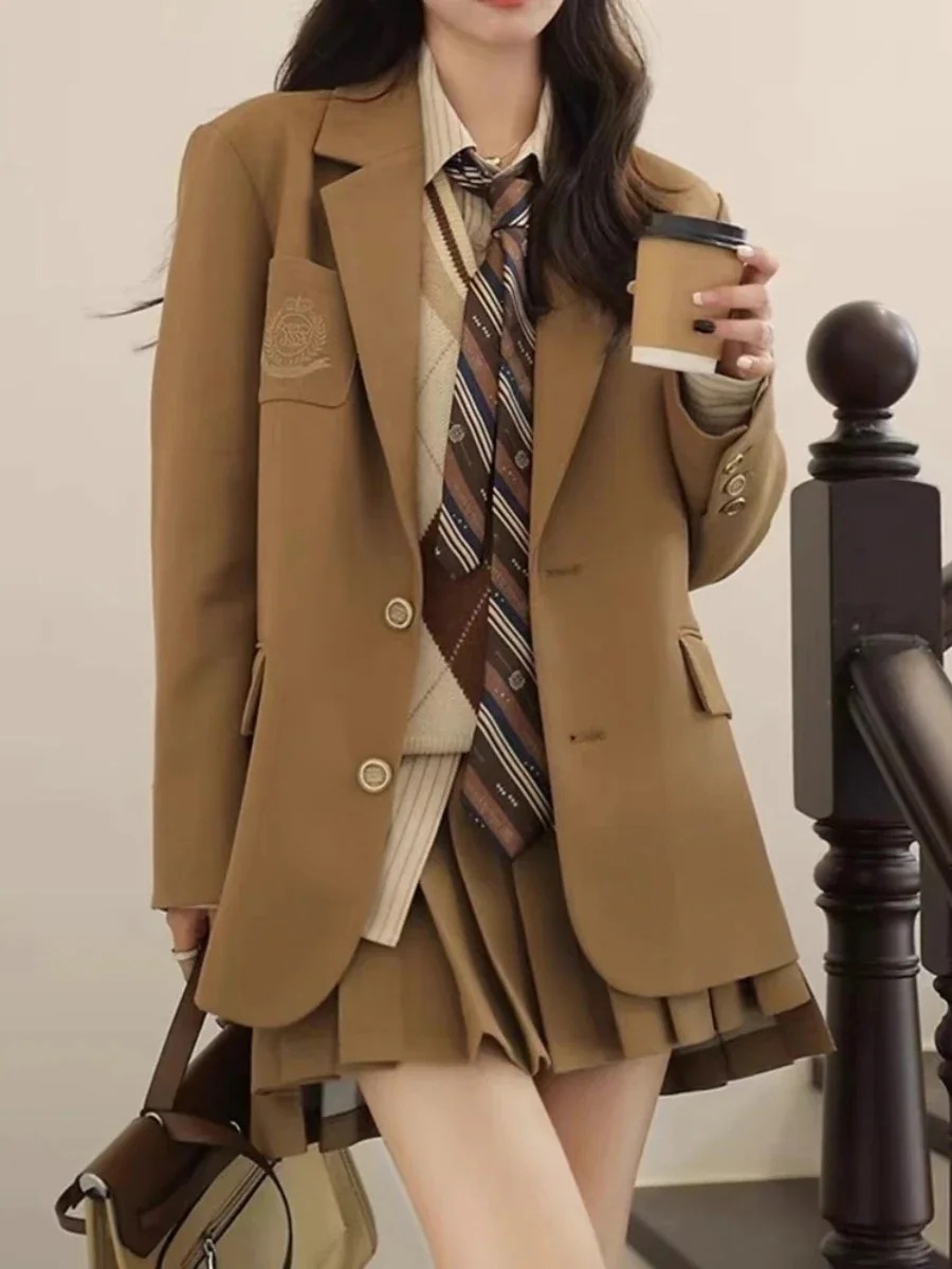 韓国っぽ ネクタイ テーラードジャケット×ニットベスト×シャツプリーツ×スカート ミニショート丈ボトムス美脚脚長長袖JK女子高生卒業式 4点セット レトロセットアップブラウストップス 2025秋冬