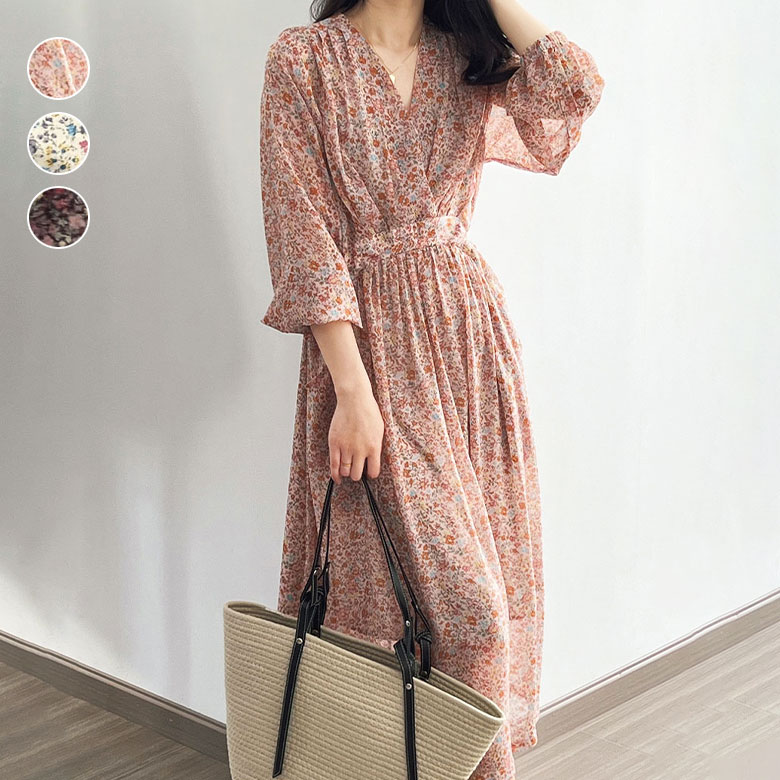 2B4 花柄 ワンピース ロングワンピース 長袖 ドレス 春 夏 秋 ロング丈 花柄ワンピース レディース オシャレ 可愛い リゾート Aライン 韓国ファッション きれいめ