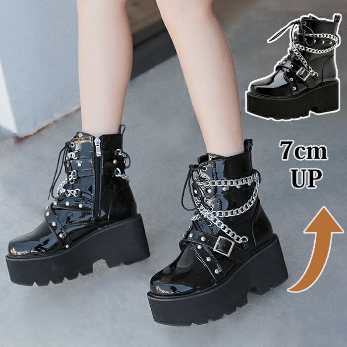 厚底ブーツ ショートブーツ レディース 原宿系 太ヒール 編み上げブーツ ハイヒール 黒 地雷系 サイドジップ チェーン付き 前厚 袴ブーツ ゴスロリ パンク コスプレシューズ チャンキーヒー 5,310円