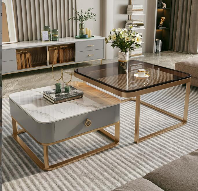 正方形のコーヒーテーブルガラス四角い岩板テーブル贅沢　組み合わせモダンな小さな家庭用リビングルームテーブル　岩板テーブル組合テーブルモダンミニコーヒーテーブル　お茶テーブル洗練された印象