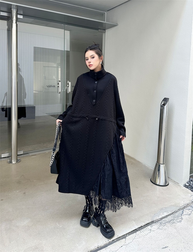 INSスタイル ワンピース 2025春 スリム レトロ つなぎレース 詰め襟 長袖 ゆったりする おしゃれ ロングスカート カジュアル