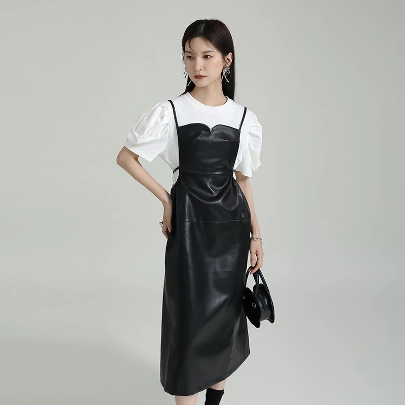 【J.Fashion】 キャミワンピース PUレザー 夏 着痩せ 大きい裾 レディース おしゃれ 上質 関連商品は店で購入可能 メガ割30%までに制限