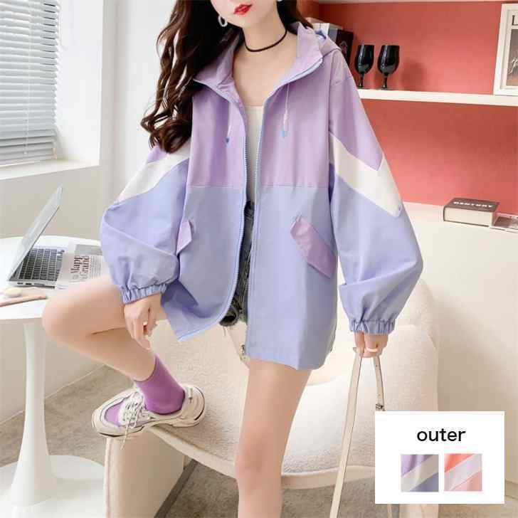 マウンテンパーカー ウィンドブレーカー ブルゾン オーバーサイズ ミドル丈 中学生 高校生 長袖 アウター 春 秋 韓国 オレンジ パープル 原宿系 ファッション 10代 20代 30代 レディース