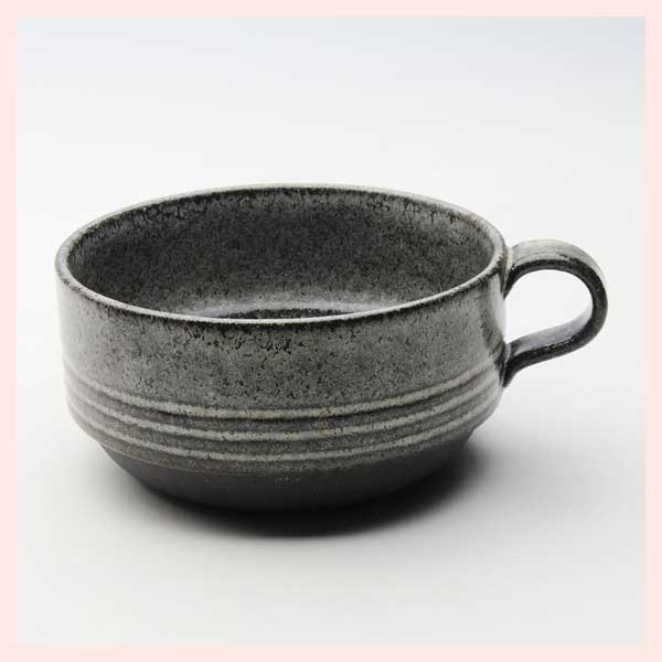 （３Ｐセット）美濃焼（磁器）　彫線紋のスープカップ／黒